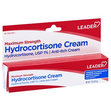 Leader Hydrocortisone Cream, Maximum Strength, Instant Itch Relief for Mosquito Bites, Eczema, Dermatitis, Skin Infections &amp; Hemorrhoids, for Adults and Kids Ages 2+, Compare to Cortizone 10, 1 oz