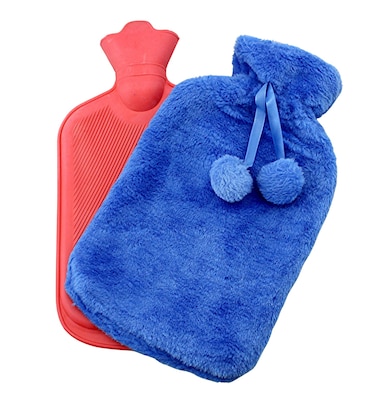 Classic Rubber Hot Water Bottle with Soft Plush Fleece Cover 2000ml (67 fl. oz) Soothing Heat Therapy for Pain Relief for Neck and Shoulders Feet Warmer Menstrual Cramps Stomach Aches (Blue)