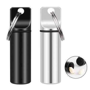 2 Pack Small Pocket Pill Box Keychain, Portable Mini Aluminium Alloy Pill Organizer Case Container for Purse, Waterproof Metal Pill Holder Medicine Bottle for Outdoor Camping Travel (Black &amp; White) 1