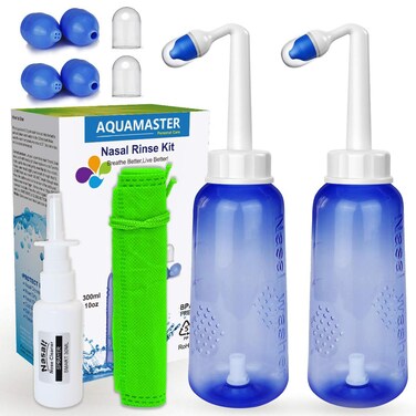 AQUAMASTER 2PCS-Value Pack Nasal Rinse Kit - Neti Pot -Nose Cleaner with 2 Bottle + 4 Nozzle + 2 Dust Cap - 10oz 300ml Nose Wash with 2 Moisturizing Sprays +Storage Bag  - for Adult Child
