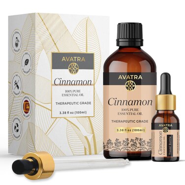 Avatra Cinnamon Essential Oil 100ML (3.38 OZ) with Glass Dropper and Travel Bottle, Pure and Natural Therapeutic Grade Cinnamon Oil for Diffuser, Aromatherapy, Massage, and DIY Candle Products