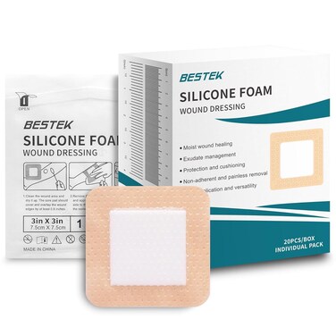 BESTEK Silicone Foam Dressing with Border Adhesive, Waterproof Wound Dressing Bandage, High Absorbency Wound Pad for Surgical Wounds, Cuts, Abrasions, Silicone Wound Bandage (3''x3'' (Pack of 20))