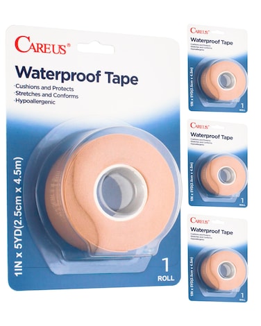 CAREUS Super Absolute Waterproof Tape,Felixible Foam Medical Tape - 1 Inch x 5 Yards, Secures Dressing and Keeps Wounds Dry, Flexible and Long-Lasting - 4 Rolls Set for Wound Care