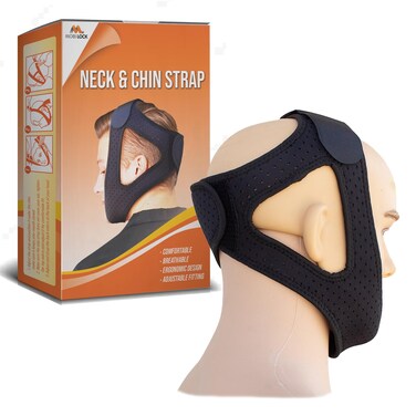 Chin &amp; Neck Strap - Soft &amp; Breathable Neoprene Jaw &amp; Chin Sleep Strap - Sleeping Aids, May Support Snoring Prevention - for Men &amp; Women - Adjustable Hook &amp; Loop Closure - Black - by Mobi Lock