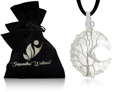 Clear Quartz Crescent Moon Crystal Necklace - Balance &amp; Clarity Pendant. Abundance &amp; Luck Stone