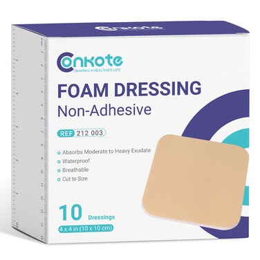Conkote Foam Dressings Sterile Non-Adhesive Pads for Exudating Wounds 4"x4", 10 Pack Highly Absorbent Waterproof Dressings for Wound Care, Ulcers, Post Op Trauma, Injuries, Burn