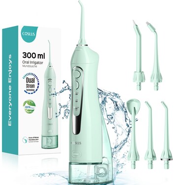 COSLUS Water Dental Flosser Teeth Pick: Portable Cordless Oral Irrigator 300ML Rechargeable Travel Irrigation Cleaner IPX7 Waterproof Electric Flossing Machine for Teeth Cleaning C20(F5020E) Green