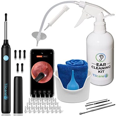 Ear Wax Removal Tool with Ear Camera by Tilcare - Ear Irrigation Flushing System for Adults &amp; Kids - Perfect Ear Cleaning Kit - Includes Basin, Syringe, Curette Kit, Towel and 30 Disposable Tips