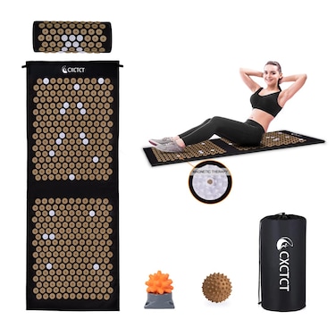 Extra Long Yoga Acupressure Mat Set,Massage Acupuncture Mat Large,Magnetic Mat Acupressure Body mat and Pillow for Neck Back Pain Relief(Gold)