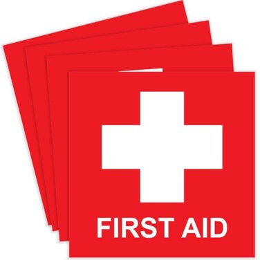 First Aid Sticker, First Aid Decal, Emergency 4 x 4 Inches, First Aid Sticker for Box, Emergency First Aid Kit Signs Stickers, Water Resistance, First Aid Sign, Indoor &amp; Outdoor (4-PK)