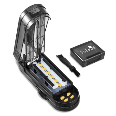 Fullicon Multiple Pill Cutter, Adjustable Pill Cutter for Small Pills with Accurate Pill Alignment, Stainless Steel Cutting Blade &amp; Blade Guard, Pill Splitter with Free Brush &amp; Pill Box (Black)