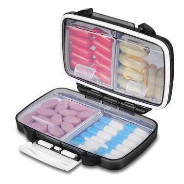 Fullicon Travel Pill Organizer, 4 Compartments Portable Pill Case, Moisture Proof Small Pill Box with Labels, Travel Pill Case with Double Lock, Pocket Pharmacy for Vitamin D3 &amp; Fish Oil (Black)