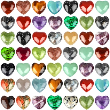 Fumete 50 Pcs Natural Heart Shaped Crystal Stones Worry Healing Gemstone Gifts for Woman Mini Assorted Pocket Heart Stone for Energy Balancing Meditation