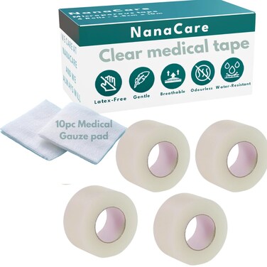 Hypoallergenic Transparent Surgical Tape 1 inch x 10yd  4 Rolls Waterproof,Clear  Medical Tape for Skin, Dressings and Face  First Aid Bandage Tape for Sensitive Skin