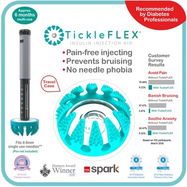 Insulin Pen Needle Injection Aid - Patent Pending Award Winning Universal Fit Add-on for Standard Pen Needles for Reducing Pain, Bruising and Anxiety (TickleFlex)