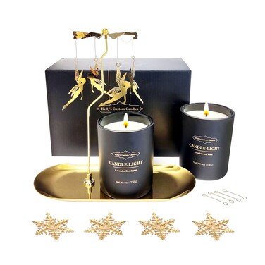 Kelly's Custom Candles Rotating Candle Set, Candles for Women - Sandalwood Rose &amp; Lavender Eucalyptus, Angel+Snowflake Design, Aromatherapy, Stress Relief, 2x16 oz, Black