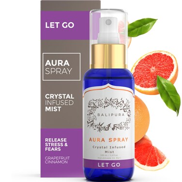 Let Go Aura Crystal Spray with Amethyst Sodalite Clear Quartz Palo Santo Crystals Pure Organic Cinnamon Grapefruit Handmade in Bali - 3.4 fl.oz