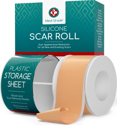 Medi Grade Silicone Scar Sheets, 80 Inches Long - Reusable Silicone Scar Tape for C-Section, Keloid, Burn, Acne and Surgical Scars - Silicone Scar Strips - Includes Hygienic Storage Case/Sheet