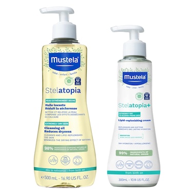 Mustela Stelatopia Eczema-Prone Skin Bath Time Gift Set - Family Skin Care Essentials - Natural Avocado &amp; Sunflower Oil - EWG Verified - 2 Items Set - Stelatopia Cleansing Oil and Stelatopia+ Cream