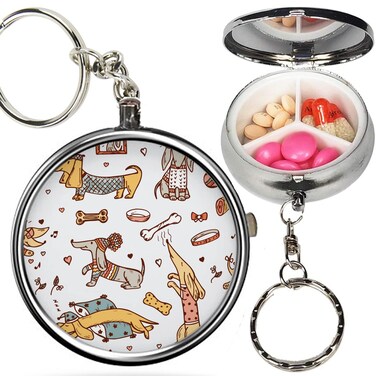 Pack of 2 - Portable Pill Organizer (Animals Pets Funny Dachshund Dogs) Metal Medicine Box, 3 Compartment Stash Vitamin Meds Case with Keychain