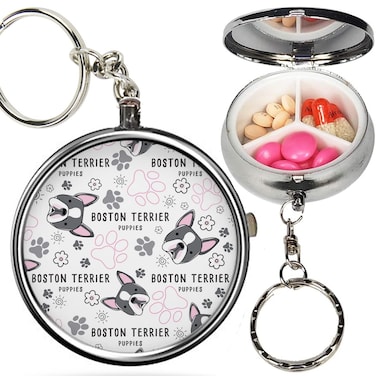 Pack of 2 - Portable Pill Organizer (Boston Terrier Dog Breed) Metal Medicine Box, 3 Compartment Stash Vitamin Meds Case with Keychain