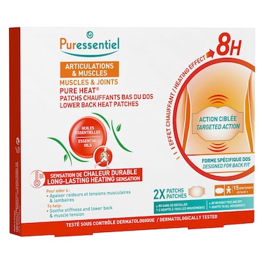 Puressentiel Lower Back Heat Patches - Flexible Heating Pad with Essential Oils for Backache Relief - Odourless, Long-Lasting Heat - 2 Pc