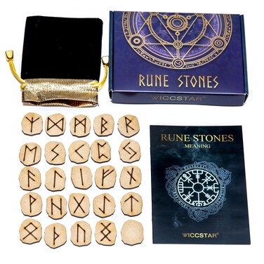 Runes Stones Set with Velvet Pouch, Instruction Guide, and Layout Chart Box for Beginners and Experienced Users