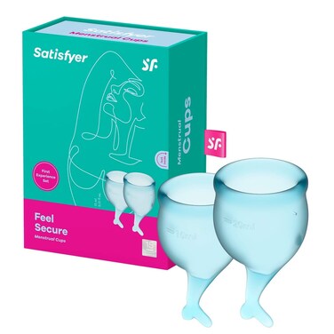 Satisfyer Feel Secure Menstrual Cup - Reusable Period Cup with Removal Stem - Soft, Flexible Body-Safe Silicone, Easy Insertion &amp; Removal - Includes 2 Cup Sizes for All Flows (Light Blue)