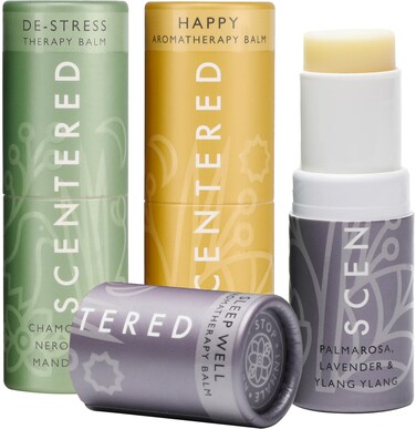 Scentered Aromatherapy Balm Gift Set - Positive &amp; Relaxed - Pack of 3 Balms: Happy, De-Stress, Sleep Well - Lavender, Cedarwood, Rosemary Essential Oil - Mindfulness Gifts for Women