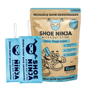 Shoe Ninja Shoe Deodorizer - Shoe Odor Elimination with Activated Charcoal, Versatile and Reusable Shoe Smell Remover, Boxing Glove Deodorizer, and Shoe Freshener, Great for Sports - 1 Pack Count of 2