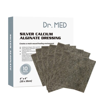 Silver Calcium Alginate Wound Dressing 4''x4'' Patches, 10 Individual Pack High Absorbency Ag Alginate Wound Bandage, Non-Adhesive, Painless Removal Gauze for Bedsore, Ulcers, Skin Abrasions