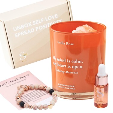Soothing Anti-Anxiety Aromatherapy Charm Bracelet with Crystal Healing &amp; Scented Candle Set - Women's Relaxation, Stress Relief, Wellness Pamper Hamper Gift for Mum, Best Friend, Sister