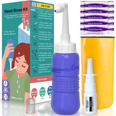 TONELIFE Sinus Rinse Kit 300ml+5Packets Nasal Salt -Nasal Wash Saline Packet Refills-Nose Cleaner-Neti Pot with Powdered Saline Convenient Packets for Adult Kids Nose Clean