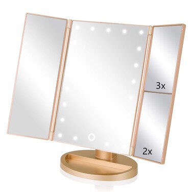 3 Folds Lighted Vanity Makeup Mirror,1X/2X/3X Magnification, 21 LED Light Bright Table Mirror with Touch Screen,180 Adjustable Rotation,Portable Travel Cosmetic Mirror