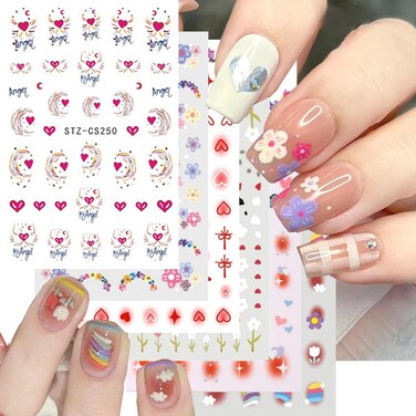 Zoance 10 Sheets 3D Flower Heart Nail Art Stickers, Rainbow Love Line Stars Design Self-Adhesive Nail Decals for Nail Art Supplies Valentine's Day Women Girls DIY Acrylic Nails Decoration