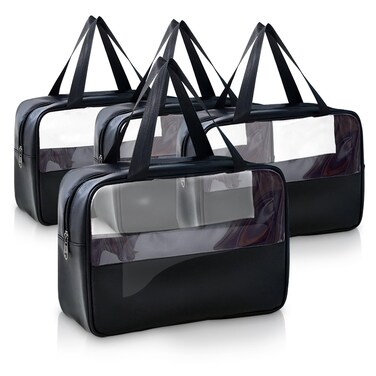 Large Clear Toiletry Bags for Traveling, 4Pcs Waterproof Clear Travel Bags for Toiletries Women Men, Travel Toiletry Bag Set, Transparent Makeup Cosmetic Bag, Black