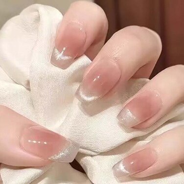 Medium Glitter False Nails Coffin French Press on Nails Nude Gradient Nails Tips Full Cover Fake Nails for Women and Girls 24Pcs