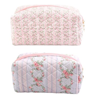 Floral Makeup Bag, Cute Quilted Makeup Toiletry Bag, Zipper Cosmetic Pouch, Daily Travel Use Skincare Bag, Multipurpose Organizer Bag (2Pack Pink + Blue)