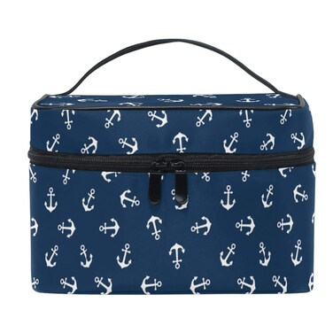 Nautical Anchor Makeup Bag Cosmetic Bag Toiletry Travel Brush Bag Train Case for Women marine symbol Navy Background Zip Carrying Portable Multifunctional Organizer Storage Pouch Bags Box