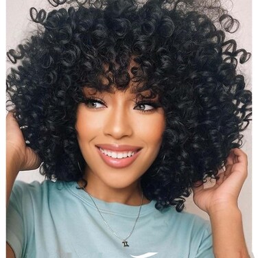 Black Curly Wigs for Black Women Short Curly Wigs for Women Curly Synthetic Hair Heat Resistant Hair Replacement with Wig Caps (Black)