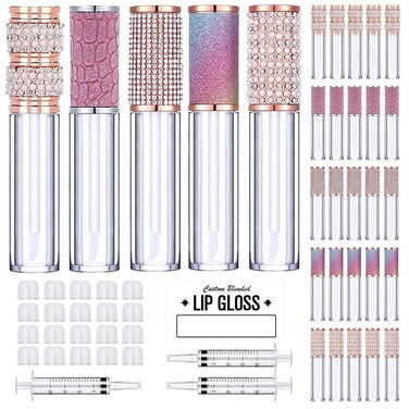 AMORIX 25 Pack Diamond Lip Gloss Tubes with Wand 5ml Empty Rhinestone Lip Gloss Containers Cute Lipgloss Bottles Crystal Lip Gloss Supplies Kit + 2pcs Syringes + Labels for DIY Lip Gloss Base