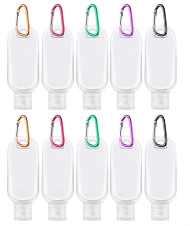10 Pcs Travel Size Bottles with Keychain Hand Sanitizer Holder, 1.7 oz Portable Plastic Small Empty Bottles Leakproof Refillable Squeeze Containers for Backpack