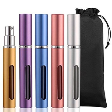 Vtrem Refillable Perfume Atomizer Pump 5 Milliliter 5PCS Mini Portable Spray Bottle With Window Travel Fragrance Empty Bottle Easy To Fill Scent Multicolor Gold, Silver, Blue, Purple, Pink