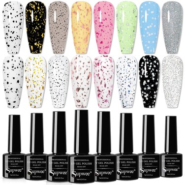 8Colors Glitter Top Coat Gel Silver Gold Sequin Top Coat Eggshell Top Coat Gel Polish Reflective Glitter Top Coat Sparkle Shiny Shimmer No Wipe Gel Top Coat Gel Polish