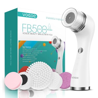 Facial Cleansing Brush Rechargeable, Spin Face Wash Brush IPX7 Waterproof Electric Face Scrubber Exfoliator, 3 Speeds &amp; 5 Brushes for Cleansing and Exfoliating, White