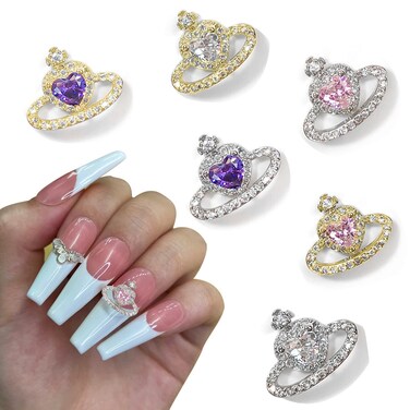 6 PCS Heart Planet Nail Charms 3D Saturn Nail Art Accessories Space Nail Art Supplies for Manicure Nail Art Craft DIY Nail Zirconia Decorations
