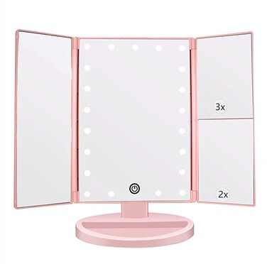 Tri-fold Lighted Vanity Makeup Mirror with 3x/2x Magnification,21 LEDs Light and Touch Screen,180 Degree Free Rotation Countertop Cosmetic Mirror,Travel(Pink)