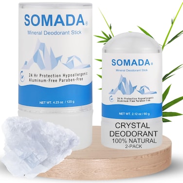 Crystal Deodorant Stick for Women and Men, 4.25 oz/120g and 2.5 oz/60g - 100% Natural Alum Salt Stone Rock - Unscented Mineral Rock - 2 PACK (Regular and Travel Size)