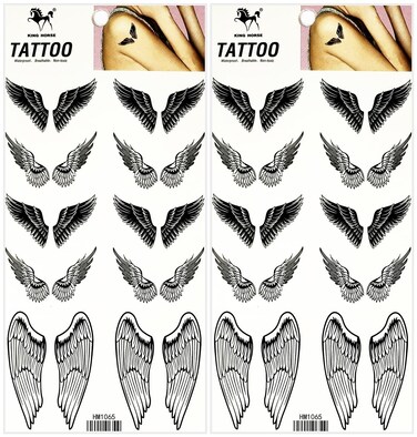 Black Angel Wings Cartoon Temporary Tattoos Fake Tattoo Neck Arm Hands Leg for Adults Men &amp; Women Waterproof Sticker Decal Festival Body Paint (Pack 2 PCS.)