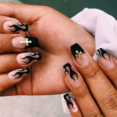 Belicey 24PCS Short Ballerina Cross Press on False Nails Black Flame Coffin Fake Nails Full Cover Acrylic Halloween Arts False French Nail Tips for Women Teen Girls